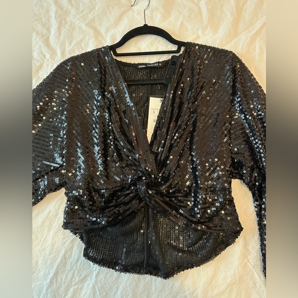 Zara Long Sleeve Sequin Crop Top Brand New